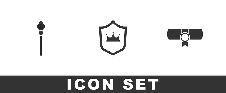 Set Medieval spear, Shield with crown and Decree, parchment, scroll icon. Vector Illustrazione stock