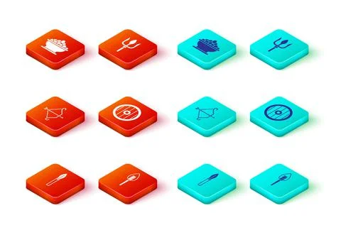 Set Medieval spear, Torch flame, bow with arrow, Greek shield, Neptune Trident Illustrazione stock