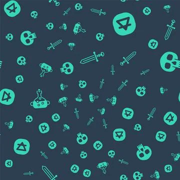 Set Medieval sword, Air element, Poison in bottle and Skull on seamless pattern Stock Illustration