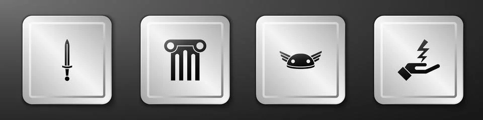 Set Medieval sword, Ancient column, Helmet with wings and Zeus icon. Silver Ilustración de archivo
