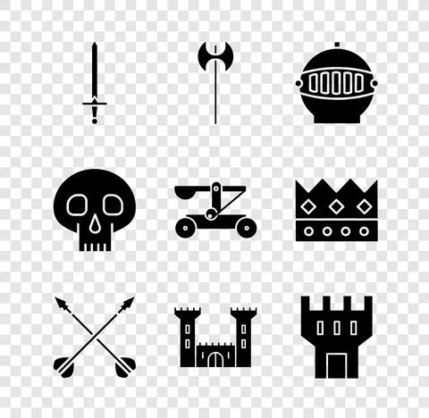 Set Medieval sword, axe, iron helmet, crossed arrows, Castle, tower, Skull and Ilustración de archivo