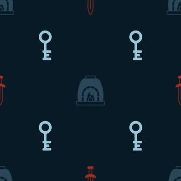 Set Medieval sword, Blacksmith oven and Old key on seamless pattern. Vector Stock Illustration