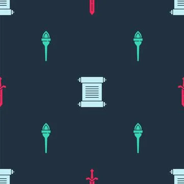 Set Medieval sword, Decree, parchment, scroll and Torch flame on seamless Illustrazione stock