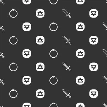 Set Medieval sword, Earth element, Ouroboros and Air on seamless pattern. Vec Stock Illustration