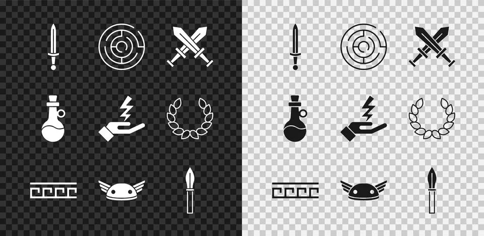Set Medieval sword, Minotaur labyrinth, Crossed medieval, Ancient Greek pat.. Stock Illustration