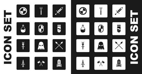 Set Medieval sword, Shield, Old bottle of wine, Round wooden shield, Quiver with 스톡 일러스트