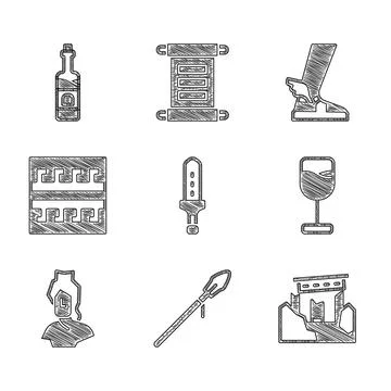 Set Medieval sword, spear, Ancient ruins, Wine glass, bust sculpture, Greek Ilustración de archivo