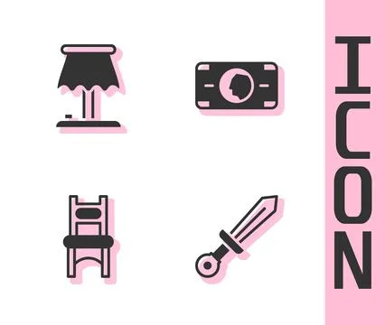 Set Medieval sword, Table lamp, Chair and Stacks paper money cash icon. Vecto Stock Illustration