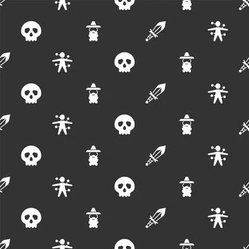 Set Medieval sword, Voodoo doll, Skull and Wizard warlock on seamless patte.. Stock Illustration