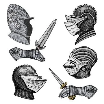 Set of medieval symbols Battle Helmets for knights or kings, vintage, engraved Stock Illustration