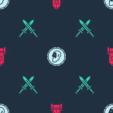 Set Medieval throne, Ancient coin and Crossed medieval sword on seamless pattern Stock Illustration