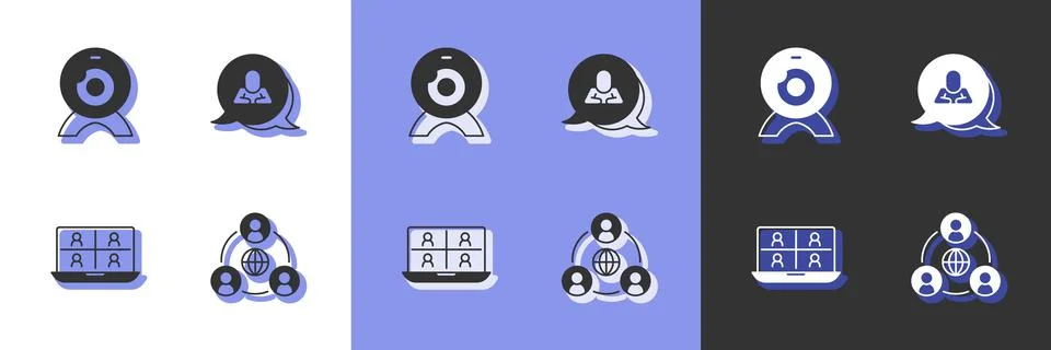 Set Meeting, Web camera, Video chat conference and Speech bubble icon. Vector Stock Illustration