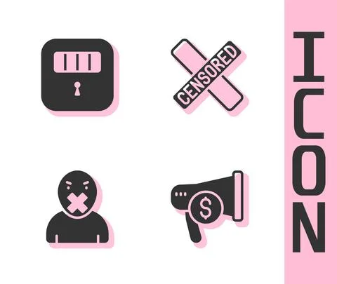 Set Megaphone and dollar, Prison cell door, Censor freedom of speech and Cens Illustrazione stock