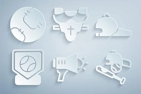 Set Megaphone, Baseball cap, base, bat with ball, hat, Player chest protector Stock Illustration