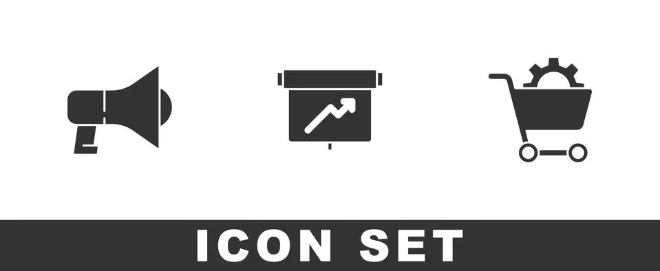 Set Megaphone, Board with graph chart and Shopping cart icon. Vector Illustrazione stock