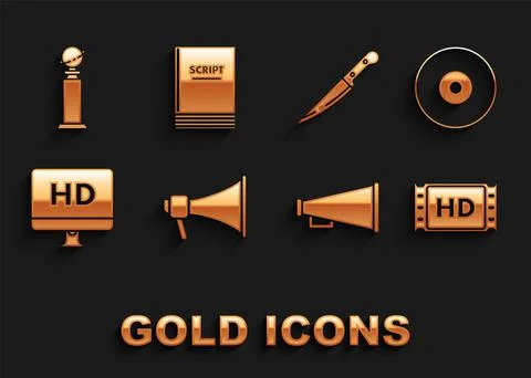 Set Megaphone, CD or DVD disk, 4k movie, tape, frame, Computer PC monitor with Stock Illustration