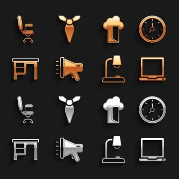 Set Megaphone, Clock, Laptop, Table lamp, Office desk, Cloud database, chair and イラスト素材