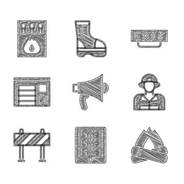 Set Megaphone, Evacuation plan, Campfire, Firefighter, Road barrier, Buildi.. Ilustración de archivo