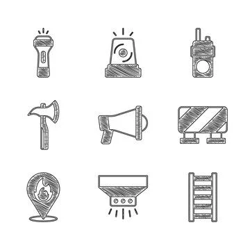 Set Megaphone, Fire sprinkler system, escape, Road barrier, Location with fire Illustration