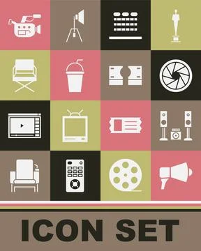 Set Megaphone, Home stereo with two speakers, Camera shutter, Cinema auditorium Stock Illustration