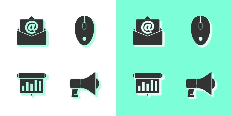 Set Megaphone, Mail and e-mail, Board with graph chart and Computer mouse icon 스톡 일러스트