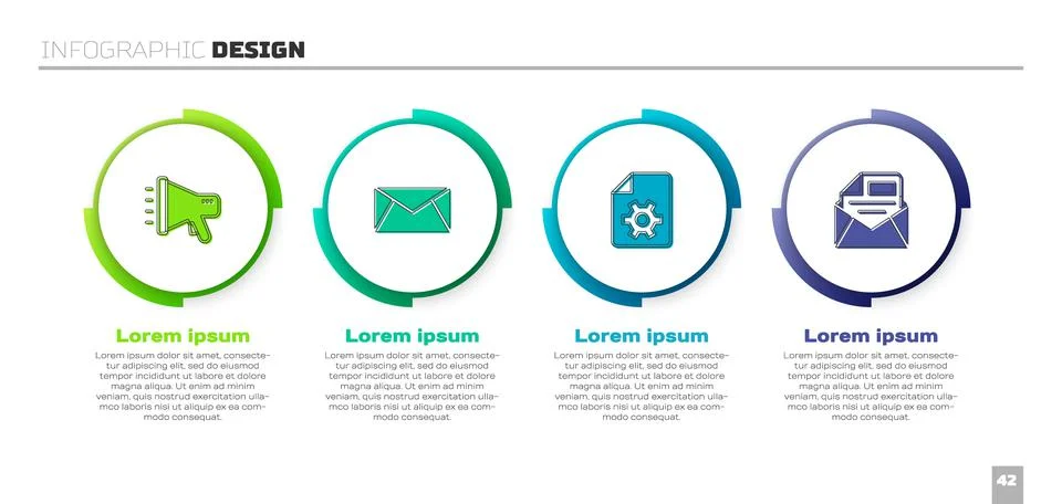 Set Megaphone, Mail and e-mail, Document settings and . Business infographic Illustrazione stock