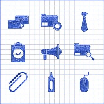 Set Megaphone, Marker pen, Computer mouse, Search concept with folder, Paper Stock Illustration