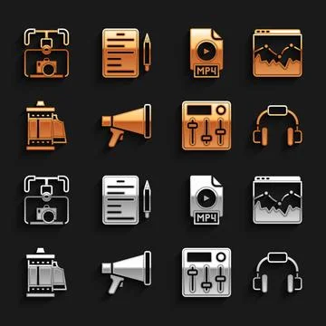 Set Megaphone, Music wave equalizer, Headphones, Sound mixer controller, Camera イラスト素材