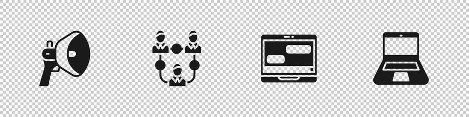 Set Megaphone, Project team base, Chat messages laptop and Laptop icon. Vector Illustrazione stock