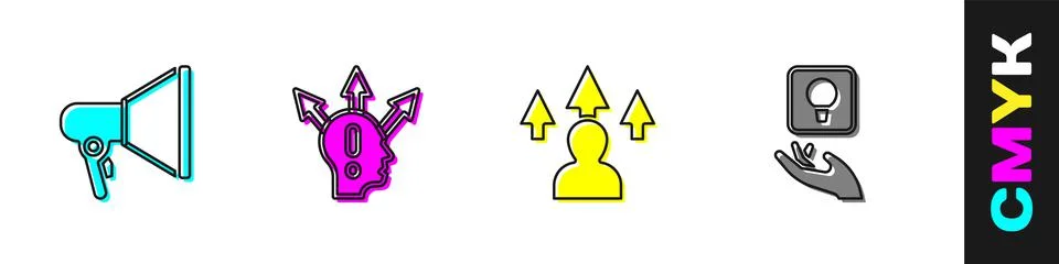 Set Megaphone, Project team base, Front end development and Light bulb icon Illustrazione stock