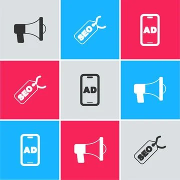Set Megaphone, SEO optimization and Advertising icon. Vector Illustrazione stock