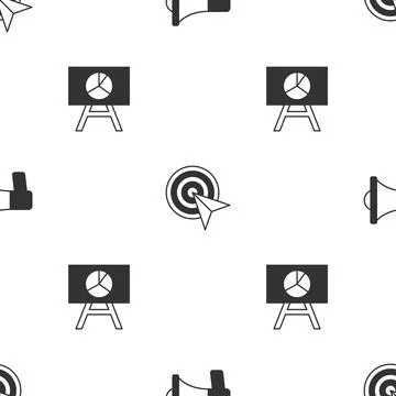 Set Megaphone, Target and Board with graph chart on seamless pattern. Vector Stock Illustration