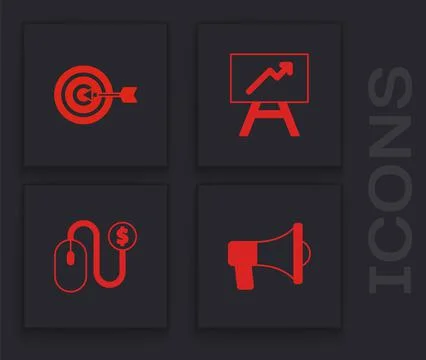 Set Megaphone, Target, Board with graph chart and Advertising icon. Vector Illustrazione stock
