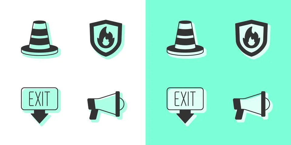 Set Megaphone, Traffic cone, Fire exit and protection shield icon. Vector Stock Illustration