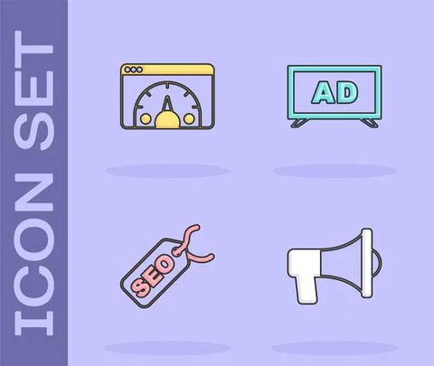 Set Megaphone, Website statistic, SEO optimization and Advertising icon. Vector Stock Illustration