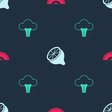 Set Melon fruit, Lemon and Broccoli on seamless pattern. Vector Illustrazione stock