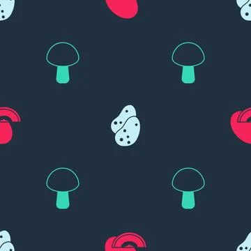 Set Melon fruit, Potato and Mushroom on seamless pattern. Vector Stock Illustration