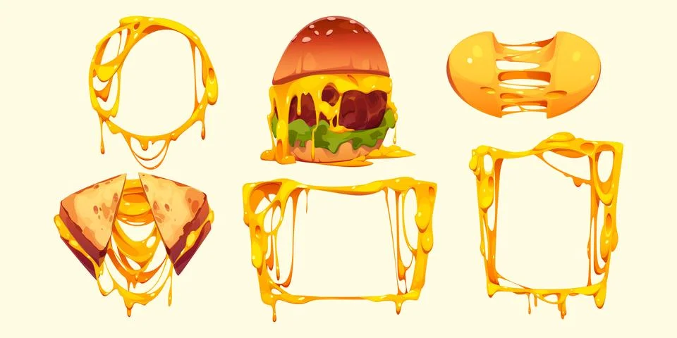 Set of melted cheese frames, burger and sandwich イラスト素材