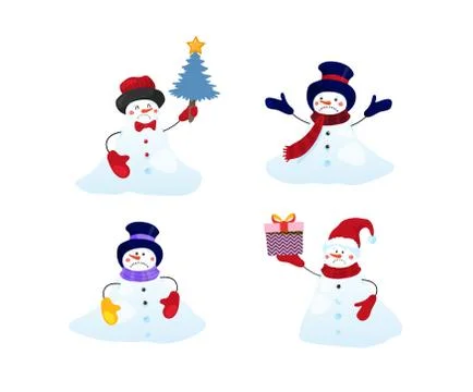 Set of melted snowmen. Different characters melt and turn into a snowdrift Illustrazione stock