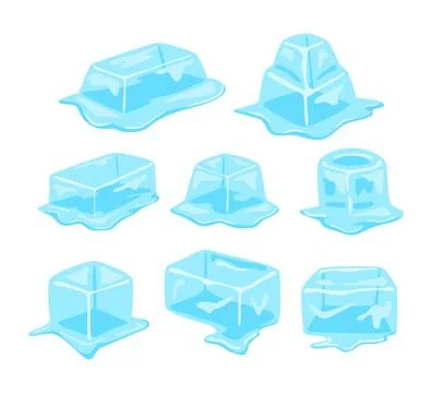 Set of Melting ice cubes collection. Frozen aqua melt cubes in water puddle.. Illustrazione stock