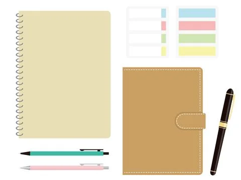 Set of memo pad, notebook, sticky notes, fountain pen and ballpoint pen Stock Illustration
