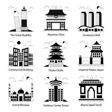 Set of Memorial Buildings Solid Icons Stock Illustration