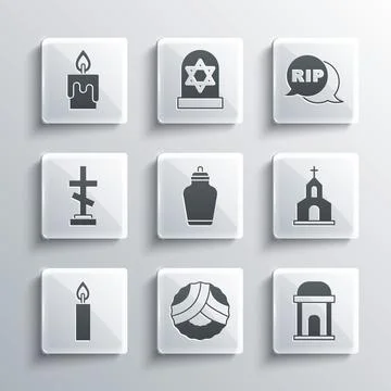 Set Memorial wreath, Old crypt, Church building, Funeral urn, Burning candle Ilustración de archivo