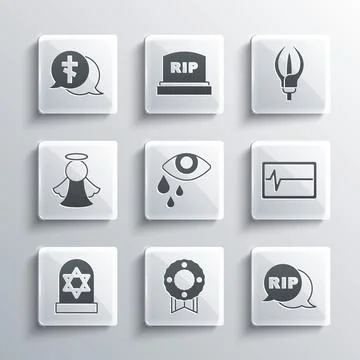 Set Memorial wreath, Speech bubble rip death, Beat dead in monitor, Tear cry eye Stock Illustration