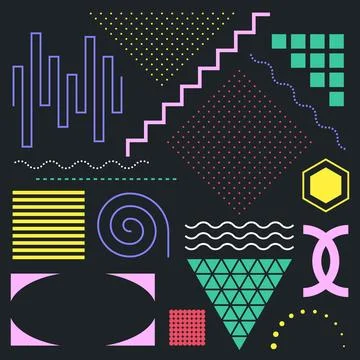 Set of Memphis Dotted Elements Staircase Hexagon Triangle Wavy Lines 库存插图