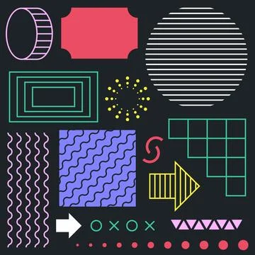 Set of Memphis Elements Striped Circle Ticket Arrow Wavy Lines 库存插图