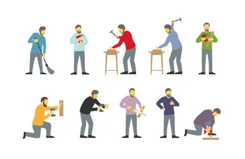 Set of men are different work-busy bearded locksmiths. Drills with drill Stock Illustration