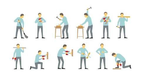 Set of men are different work-busy with drill. Hammered in with nails. Saws the Stock Illustration