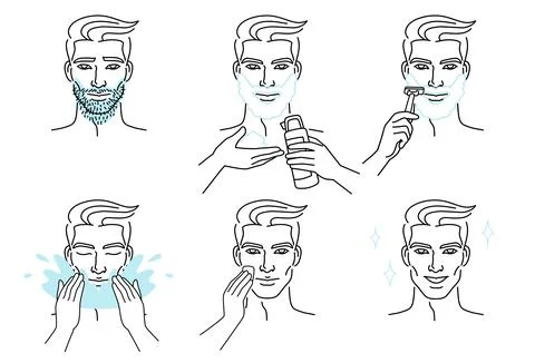 Set of men character shaving beard and taking care of facial skin. Foam and.. Stock Illustration