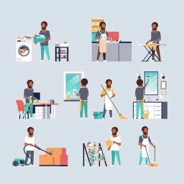 Set men doing housework different housecleaning concepts collection african Stock Illustration